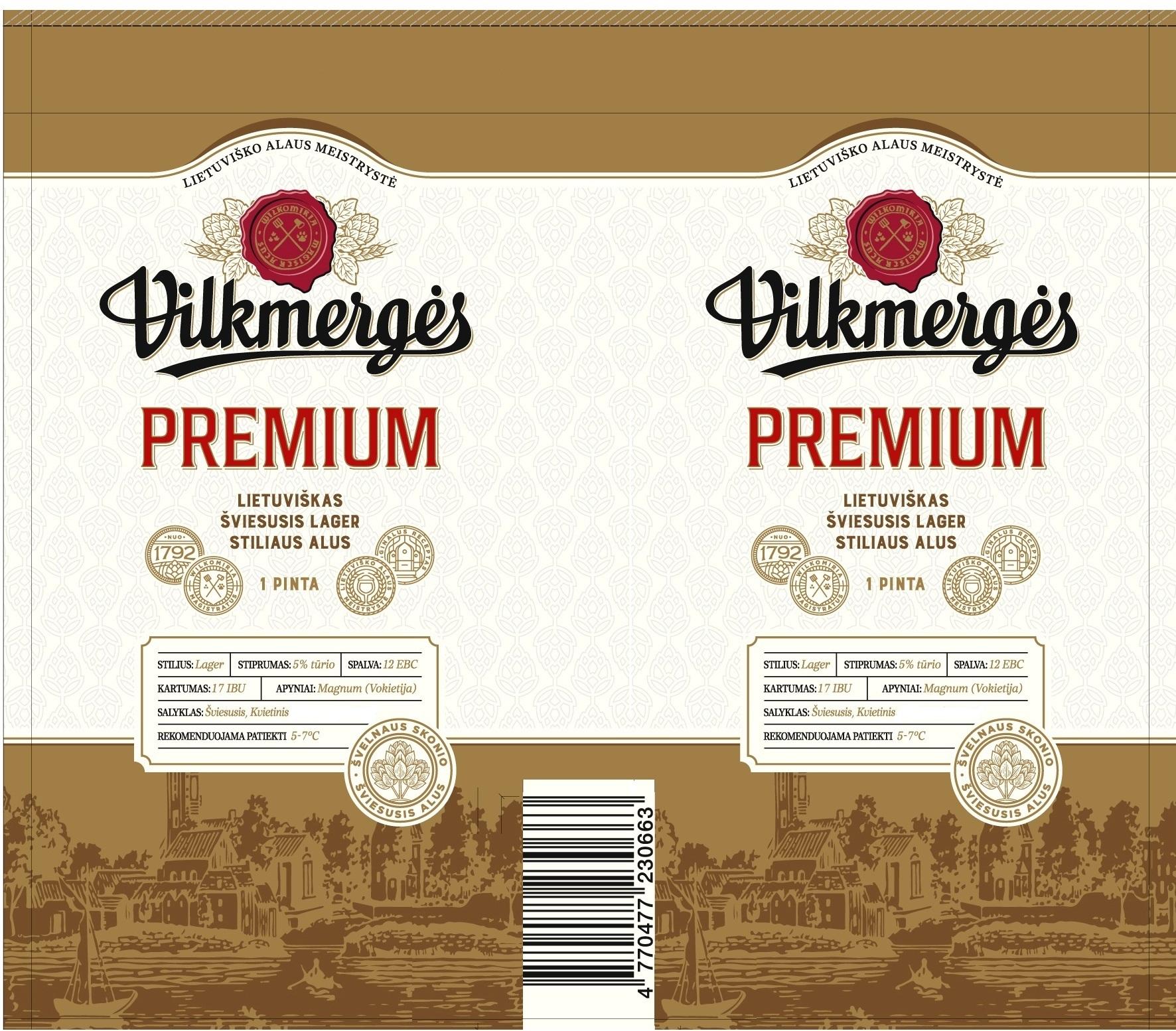 Prekės ženklas: Vilkmergės PREMIUM LIETUVIŠKAS ŠVIESUSIS LAGER STILIAUS ALUS